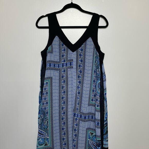 Paisley Midi Sz L Tank Dress Blue Black Handkerchief Hem Beach Boho Geometric - Picture 4 of 10